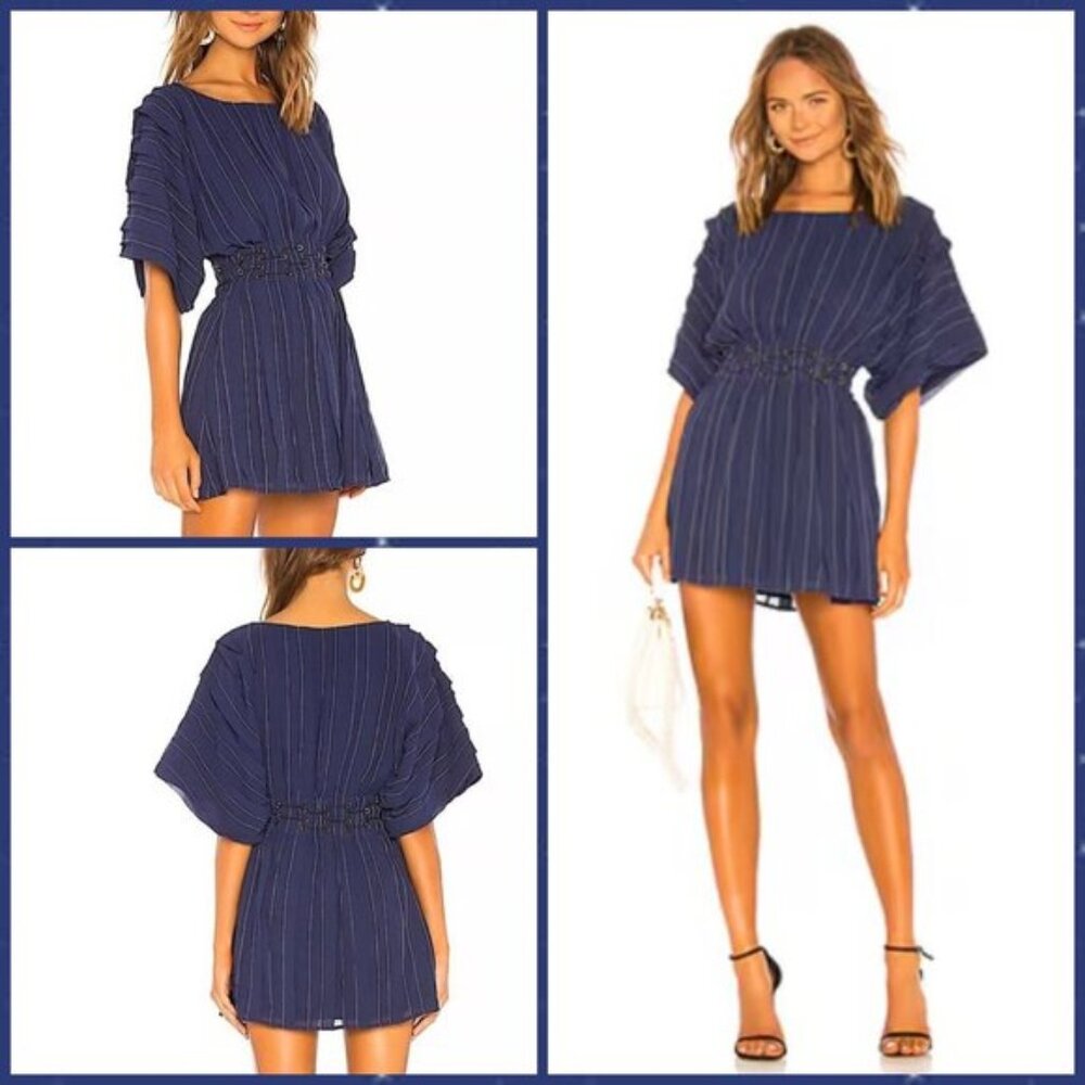 Sz L- NWT Tularosa Sienna Pleated Pinstripe Grommet Waist Flare Slv Mini Dress